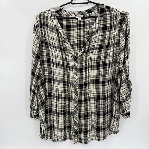 AVENUE Womens Flannel Plaid Button Up Shirt Size 30 Roll Tab Pin Tuck V-Neck - Picture 1 of 10